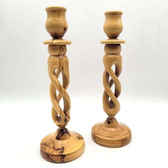 Hand Turned Olive Wood Candle Holders Set2 Rustic Luxury Decor Holy Land Holiday - Picture 3 of 11
